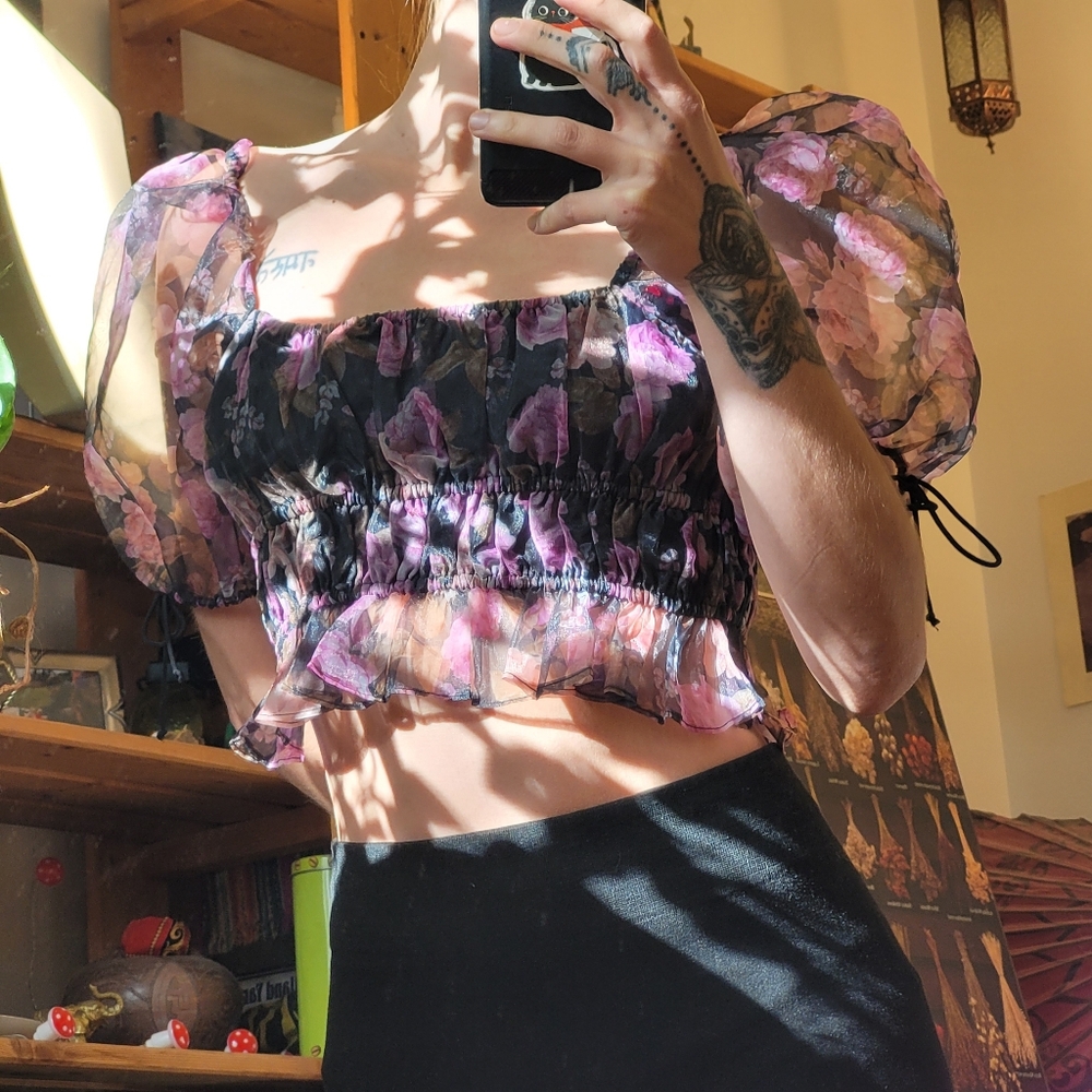 For Love & Lemons Sunshine Sheer Floral Puff Sleeve Crop Top - Size S - Picture 2 of 7
